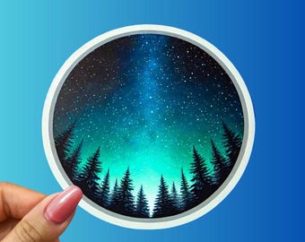Starry Night Forest Sticker: Cosmic Nature Art, Water-Resistant Vinyl