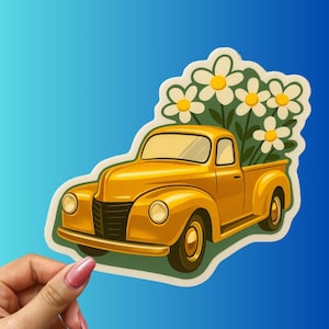 Vintage Yellow Truck Sticker with Daisies Country Farmhouse Floral Pickup Decal Spring Aesthetic Vinyl for Laptop Water Bottle Garden Gift