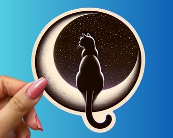 Black Cat Moon Sticker: Celestial Night Sky Vinyl Decal