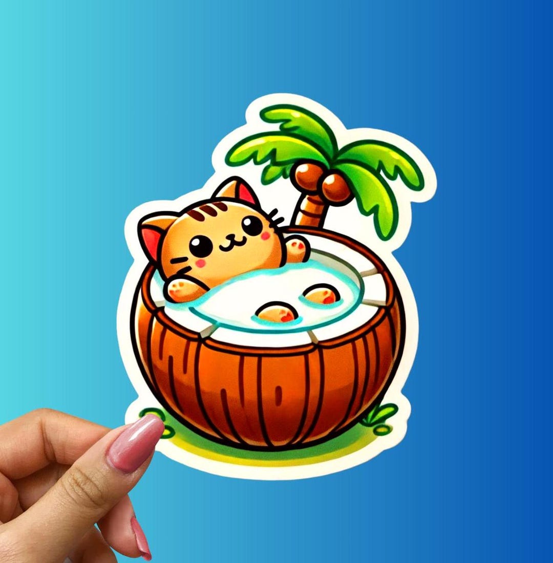 Tropical Cat in Coconut Sticker: Kawaii Beach Kitty Vinyl Decal - Etsy