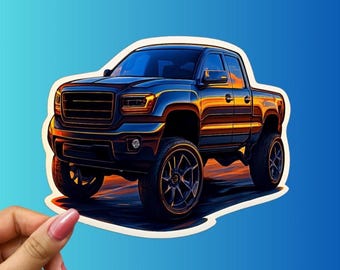 Bold Lifted Truck Sticker – Sunset Chrome Pickup, Off-Road Adventure Decal, Truck Lover Gift