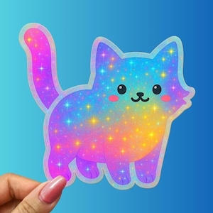 Free Shipping! Holographic Rainbow Cat Sticker – Sparkly Galaxy Kitty Decal for Laptops, Water Bottles, And Journals – Kawaii Cat Lover Gift