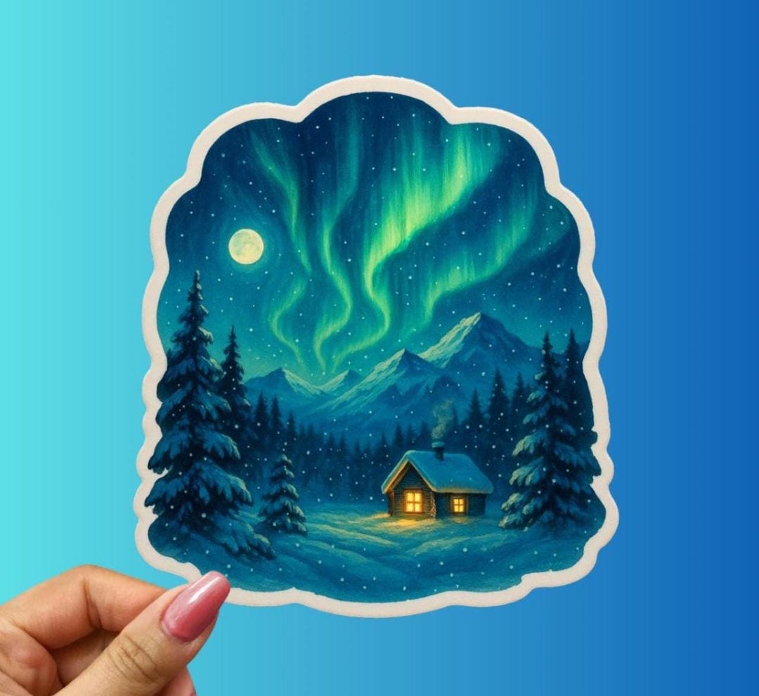 Aurora Borealis Cabin Sticker, Cozy Winter Night Northern Lights Decal ...