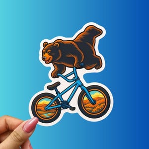 Bear Riding Bicycle Trick Sticker - Funny Adventure Bear Art - Mountain Landscape Wheels - Cute Wilderness Sticker - Nature Lover Gift Idea