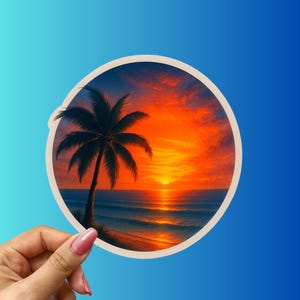 Tropical Sunset Beach Sticker: Palm Tree Ocean Vinyl Decal