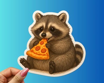 May include: A sticker featuring a cartoon raccoon eating a slice of pizza. The raccoon is brown and gray with a black mask and a striped tail. The pizza slice has pepperoni toppings and a golden crust.