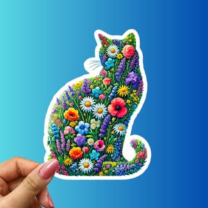 Floral Cat Sticker Colorful Wildflower Vinyl Decal Aesthetic Nature Kitty Gift for Cat Lovers Laptop Water Bottle Car Garden Art