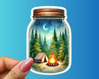 Camping in a Jar Sticker: Cozy Campfire, Forest Scene