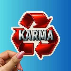 May include: A red recycling symbol sticker with the word "KARMA" in silver letters. The sticker is held by a hand with pink nail polish against a blue background.