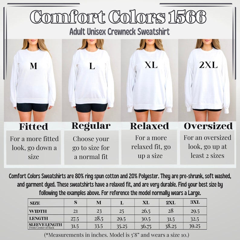 Puede incluir: Una tabla de tallas para una sudadera con cuello redondo unisex de Comfort Colors. La tabla muestra las medidas en pulgadas para diferentes tallas, incluyendo el ancho, la longitud y la longitud de la manga. La modelo mide 1,73 m y lleva una talla 10.