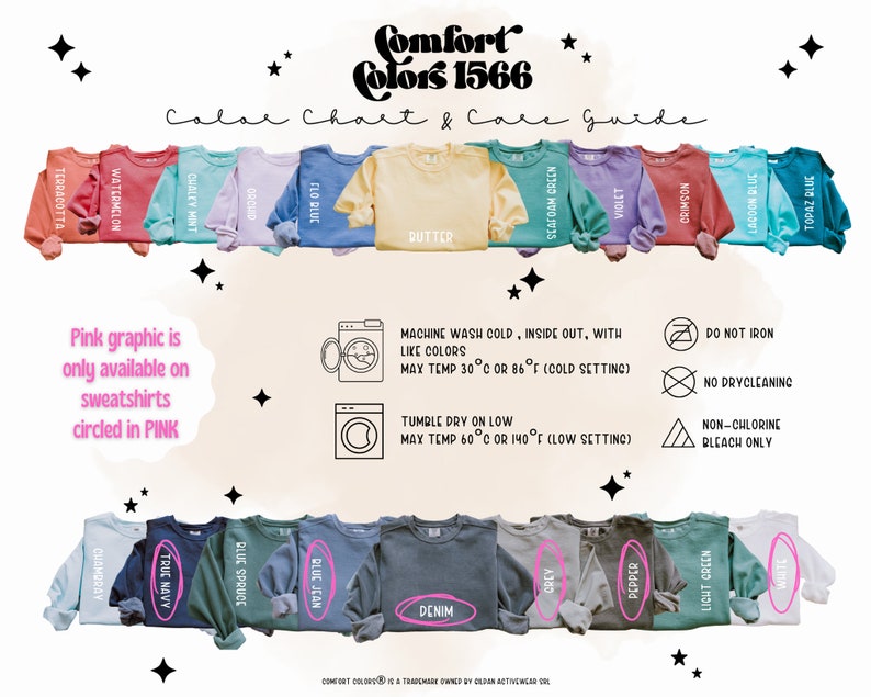 May include: Color chart and care guide for Comfort Colors 1566 sweatshirts. The chart shows 18 different colors, including Terracotta, Watermelon,  Chaley Mint, Orchid, Flo Blue, Butter, Seafoam Green, Violet, Crimson, Lagoon Blue, Topaz Blue, Chambray, True Navy, Blue Spruce, Blue Jean, Denim, Pepper, Light Green, and White. The care guide recommends machine washing cold, inside out, with like colors, tumble drying on low, and using non-chlorine bleach only.