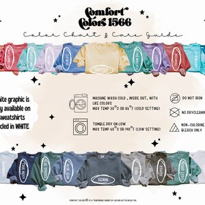 Puede incluir: Carta de colores para sudaderas y camisetas Comfort Colors 1566. La carta muestra 16 colores diferentes, incluyendo Terracota, Sand&iacute;a, Menta Pastel, Orqu&iacute;dea, Flo Blue, Mantequilla, Salvia Verde Mar, Violeta, Carmes&iacute;, Azul Laguna, Azul Topacio, Chambray, Azul Marino, Abeto Azul, Azul Vaquero, Denim, Pimienta, Verde Claro y Blanco. La carta tambi&eacute;n incluye instrucciones de cuidado para las prendas, que incluyen lavado a m&aacute;quina en fr&iacute;o, secado en secadora a baja temperatura y no planchar.