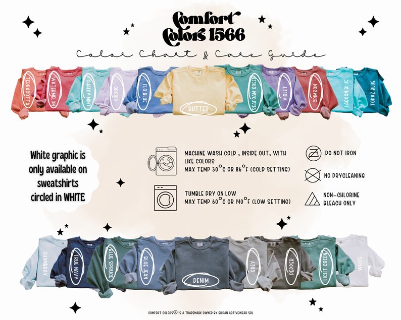 Puede incluir: Carta de colores para sudaderas y camisetas Comfort Colors 1566. La carta muestra 16 colores diferentes, incluyendo Terracota, Sand&iacute;a, Menta Pastel, Orqu&iacute;dea, Flo Blue, Mantequilla, Salvia Verde Mar, Violeta, Carmes&iacute;, Azul Laguna, Azul Topacio, Chambray, Azul Marino, Abeto Azul, Azul Vaquero, Denim, Pimienta, Verde Claro y Blanco. La carta tambi&eacute;n incluye instrucciones de cuidado para las prendas, que incluyen lavado a m&aacute;quina en fr&iacute;o, secado en secadora a baja temperatura y no planchar.
