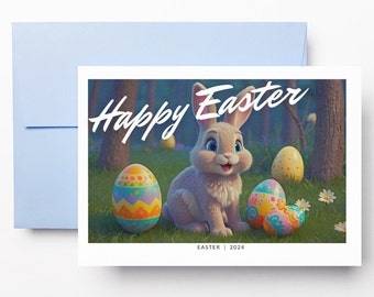 Paaskaart, Bunny Rabbit Design, Pastel Floral, Springtime Greetings, Digitale Download, Afdrukbaar, 6"x 4" Paaskaart, Cadeau