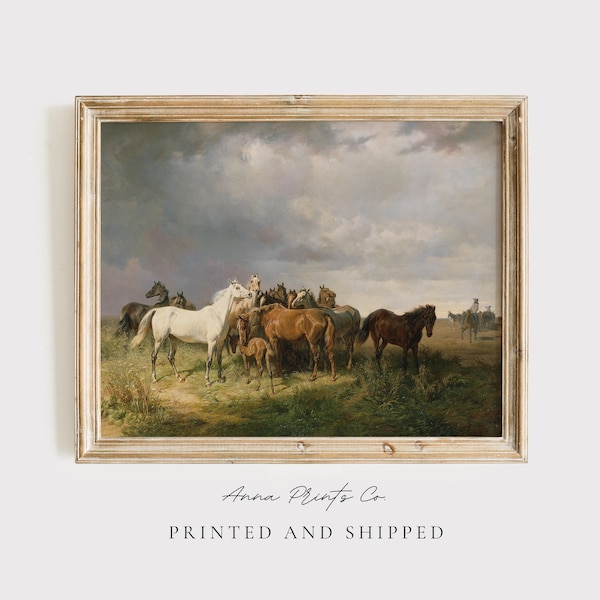 Impresión Giclée ENVIADA POR CORREO / Reproducción de pintura antigua de caballos en la pradera / Obra de arte de paisaje de caballos antiguos / Bellas artes de casa de campo