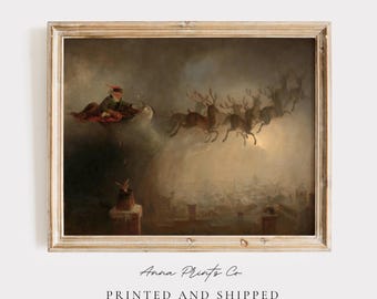 MAILED Giclée Print | 19th Century Santa Claus and Reindeer Painting | Vintage Christmas Home Decor | Antique Moody Holiday Fine Artwork