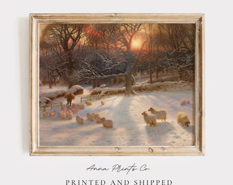MAILED Giclée Print | Vintage Sheep in a Snowy Landscape Painting | Winter Country Scene Artwork | Antique Rustic Home Decor | Christmas Art