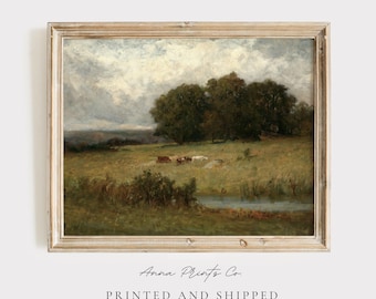 MAILED Giclée Print | Antique Landscape with Cattle Grazing in a Field Painting | Victorian Artwork Reproduction | Vintage Farmhouse Decor