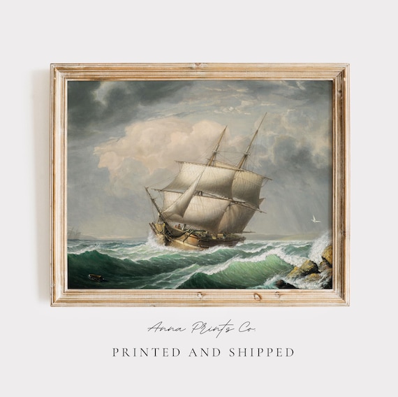 MAILED Giclée Print | Brig off the Maine Coast Vintage Painting | Antique Nautical Artwork | 19th Century Seascape | Beach House Decor