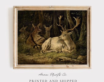 Impresión Giclée ENVIADA / Pintura de ciervo antiguo / Arte rústico de naturaleza / Pintura de animales vintage / Decoración de cabaña / Arte mural de casa de campo