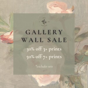 The image is an advertisement for a gallery wall sale, featuring a floral background with pink and green flowers. The text announces a 30% discount on 3+ prints and a 50% discount on 7+ prints, with the exception of "excludes sets".