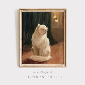 MAILED Giclée Print | White Cat with Butterflies Antique Oil Painting | Vintage Animal Artwork | Cottage Farmhouse Decor |Victorian Wall Art