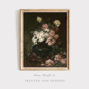 MAILED Giclée Print | Still Life with Roses Vintage Oil Painting | Antique Moody Floral Artwork | Dark Academia Decor | Cottage Home Artwork