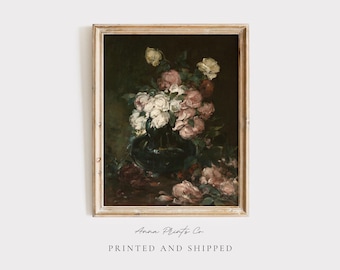 MAILED Giclée Print | Still Life with Roses Vintage Oil Painting | Antique Moody Floral Artwork | Dark Academia Decor | Cottage Home Artwork