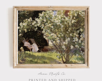 MAILED Giclée Print | Woman Reading in the Garden Vintage Painting | Antique Cottagecore Aesthetic Artwork | Flower Landscape Fine Art Print
