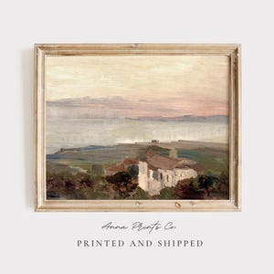 MAILED Giclée Print | Vintage Mediterranean Coast Painting | Greek Town Artwork | Antique Landscape | Muted Cottage Farmhouse Decor Wall Art