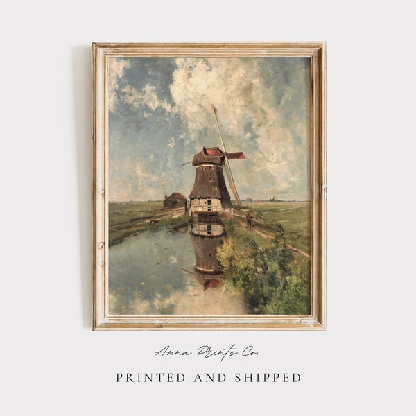 MAILED Giclée Print | Dutch Windmill Vintage Painting | Antique European Country Landscape Artwork | Victorian Wall Decor |Cottage Farmhouse