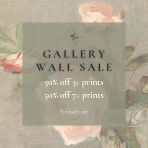 The image is an advertisement for a gallery wall sale, featuring a floral background with pink and green flowers. The text announces a 30% discount on 3+ prints and a 50% discount on 7+ prints, with the exception of "excludes sets".