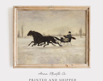 MAILED Giclée Print | Antique Christmas Sleigh Painting | Vintage Winter Landscape | Rustic Holiday Home Decor | 19th Century Fine Artwork