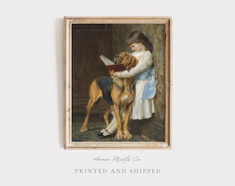 MAILED Giclée Print | Antique Girl Reading with Dog Painting | Victorian Artwork | Moody Fine Art Print | Cottage Farmhouse Decor