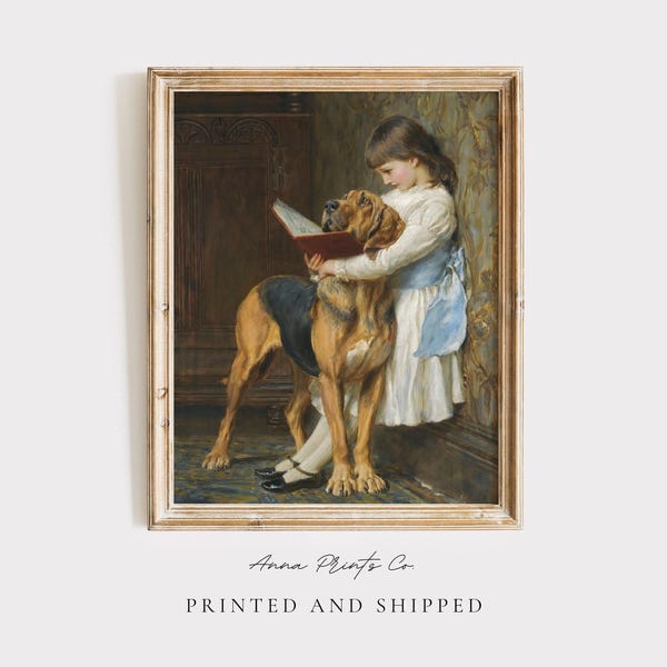 MAILED Giclée Print | Antique Girl Reading with Dog Painting | Victorian Artwork | Moody Fine Art Print | Cottage Farmhouse Decor