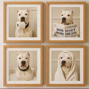 May include: Set of four framed prints featuring a white dog in various bathroom scenarios. One holds a toilet paper roll, another reads a newspaper titled "How to Get More Treats," a third is in a bubble bath, and the last is wrapped in a towel.