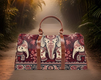 Red Elephant Waterproof Travel Bag - Elephant Satchel, Elephant Gift, Vegan Leather Shoulder Bag, Purse, Handbag, Red Tote, Exotic Artwork