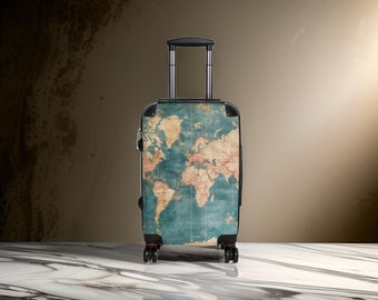 Distressed World Map Suitcase - Map Suitcase, Travel Suitcase, Travel Gift, Blue Suitcase, World Map, Travel Luggage, Carry-On, TSA Approved