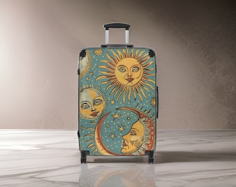 Celestial Light Blue Suitcase - Blue and Yellow Luggage, Moon and Sun, Hardshell Carry-On with Wheels, Suit Case Set, TSA Approved Lock