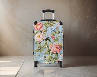 Baby Blue Floral Tri-Color Suitcase - Light Blue Luggage Set, Flower Print Carry-On, Hardshell Suit Case with Wheels, TSA Approved Luggage