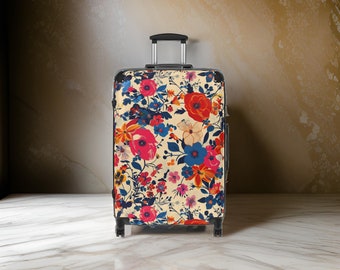 White Flower Suitcase - Floral Suitcase, Hippy Flowers Suitcase, Retro Suitcase, Floral Luggage, Suitcase Set, Carry-On, TSA Approved Lock