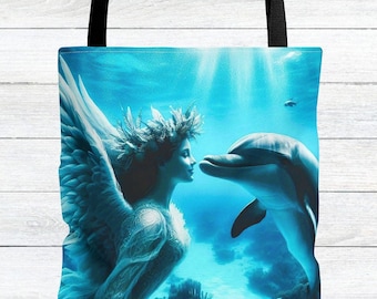Bolsa de mano con ángel y delfín: Arte de aguas turquesas