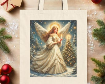 Christmas Angel Tote Bag Gift for Shopping Errands Grocery Travel Festive Guardian Angel Present Christian Theme Canvas Carryall