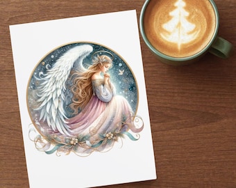 May include: A rectangular print featuring a circular illustration of an angel with long blonde hair and large white wings, wearing a flowing gown. The angel is depicted in a prayerful pose within a starry, dark blue background with decorative ribbons.