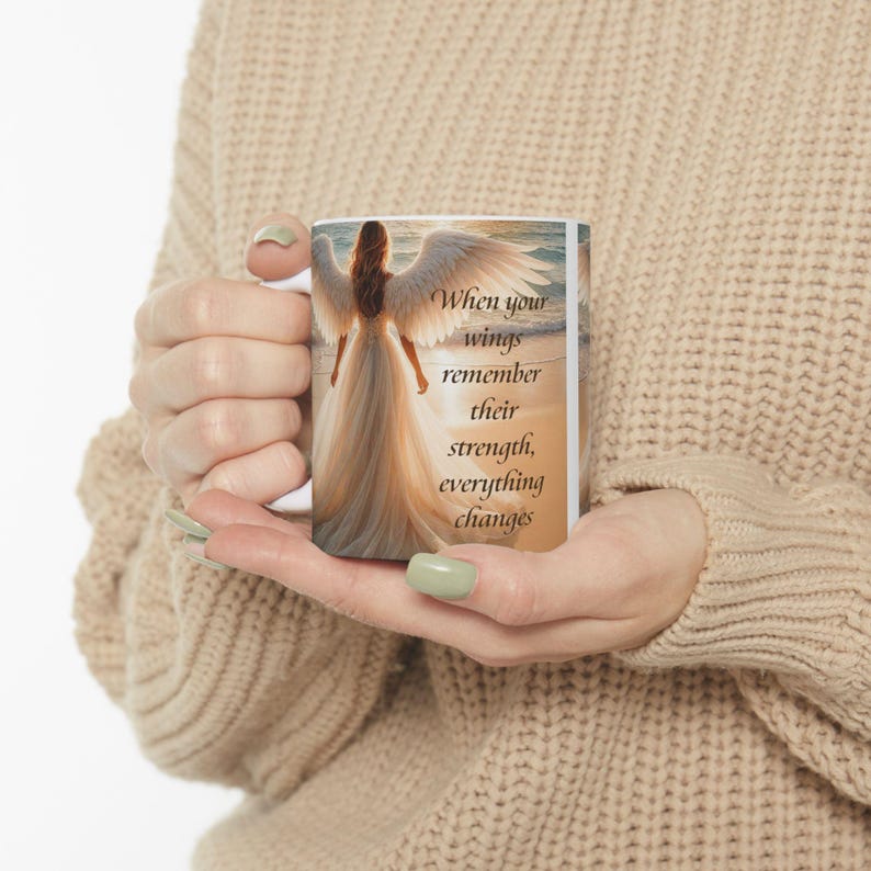 Caneca Anjo Asas Divinas Pôr do Sol no Oceano Mensagem Inspiradora Presente de Dia das Mães À Beira-Mar 325ml 445ml imagem 9