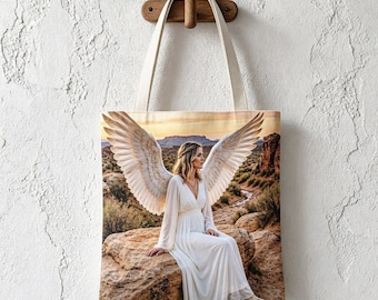 Desert Angel Tote Bag - Western Sunset Art, Faith Shoulder Bag,  13"x 13"