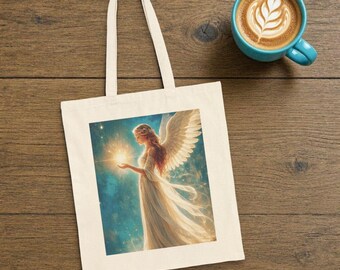 Celestial Angel Glow Tote Bag, Guardian Angel Present, Spiritual Grace (15" x 16") Cotton Canvas Shoulder Bag