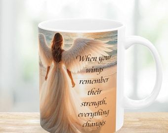 Taza de ángel / 325 ml / 444 ml. Taza de cerámica con alas divinas. Regalo inspirador para el Día de la Madre.