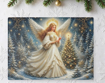 Christmas Angel Glass Cutting Board - Serene Holiday Kitchen Decor Gift - 11" x 15"