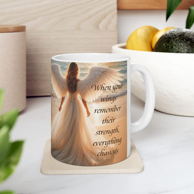 Caneca Anjo Asas Divinas Pôr do Sol no Oceano Mensagem Inspiradora Presente de Dia das Mães À Beira-Mar 325ml 445ml imagem 6